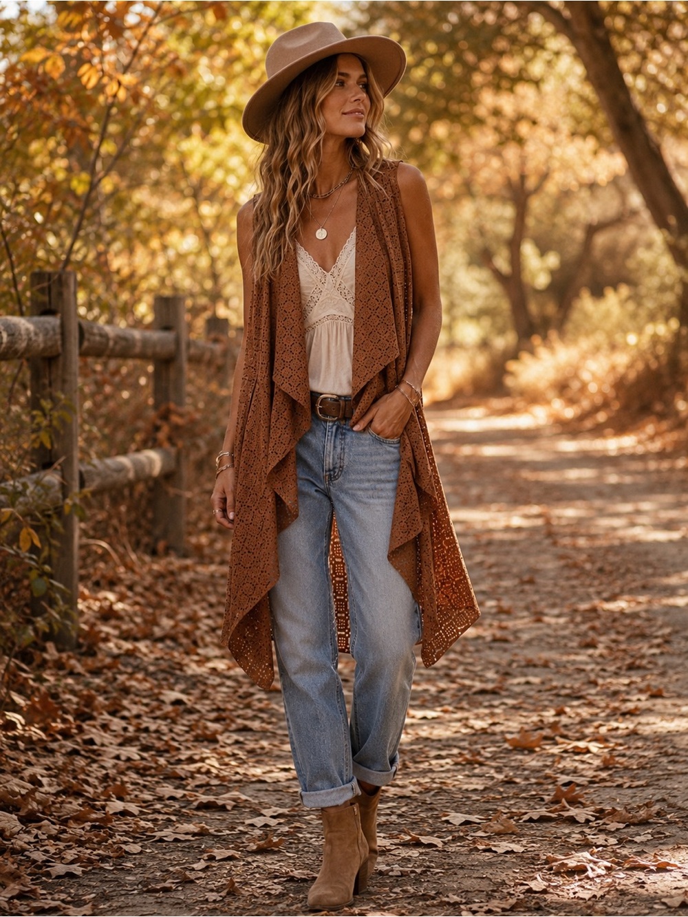 Soft Surroundings Faux Suede Laser Cut Waterfall Duster Vest Camel S/M Boho